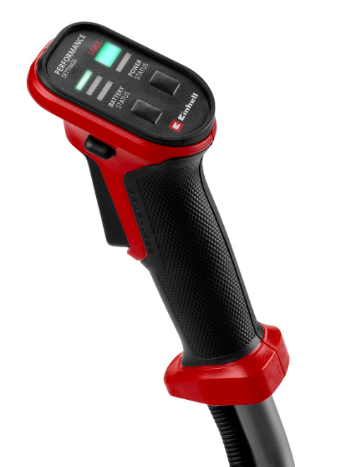 Krovinorez Einhell Professional GP-BC 36/430 Li BL-Solo (bez baterie) Detail ovládacej rukoväte s LED ukazovateľom kapacity batérie