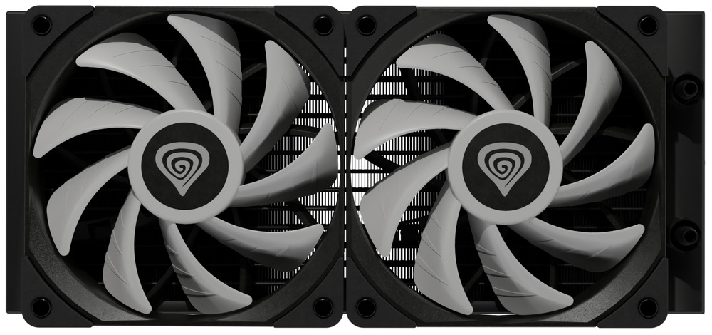 Vodný chladič Genesis HYDRIA 240 čierny Na obrázku je čelný pohľad na radiátor vodného chladiča Genesis Hydria 240 s dvoma veľkými ventilátormi vedľa seba. Ventilátory majú čierny rám, svetlé lopatky a uprostred okrúhly stred s logom Genesis. Za nimi je vidieť tmavý radiátor s hustými lamelami. Celok pôsobí robustne, technicky a čisto.
