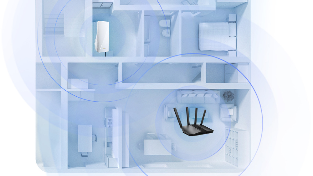 Wi-Fi extender Asus RP-BE58 WiFi 7 Range Extender, AiMesh biely Zariadenie rozšíri Wi-Fi pokrytie až na 205 m2 a odstráni slabé miesta pre stabilný signál v celej domácnosti.
