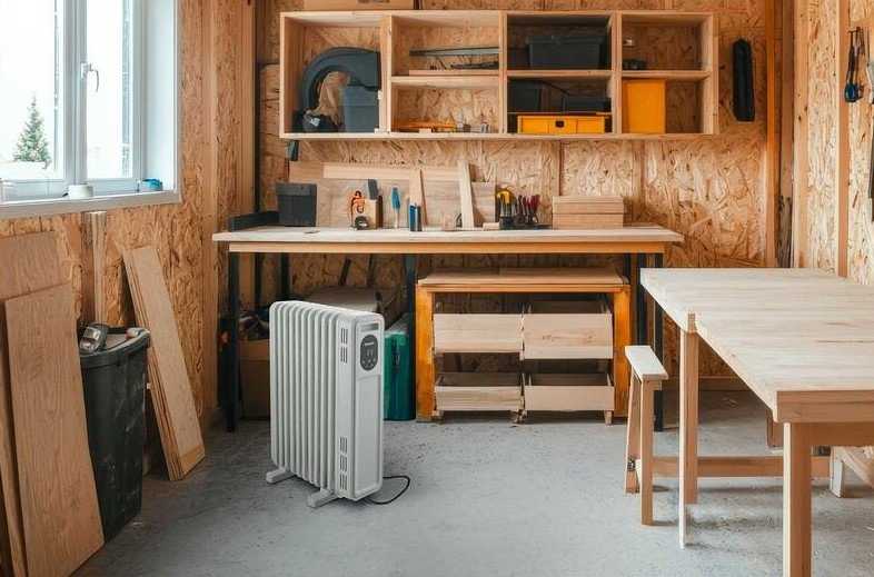 Elektrický olejový radiátor stojaci v dielni, pripravený na použitie vykurovania priestoru.