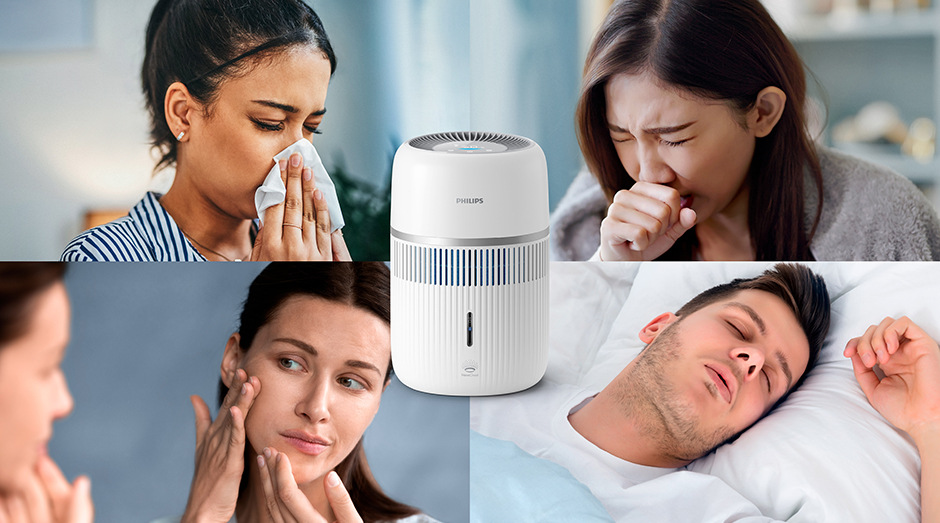 Zvlhčovač vzduchu Philips 4000 Series HU4210/04 biely Ľudia trpiaci nepríjemnými prejavmi suchého vzduchu v domácom prostredí.