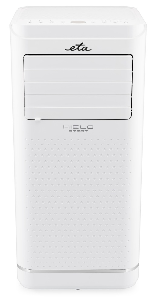 Čelný pohľad na modernú bielu mobilnú klimatizáciu ETA Smart na bielom pozadí. Na hornej časti je vidieť logo ETA, pod ním nápis HIELO SMART. Zariadenie má lamely pre výfuk vzduchu a perforovanú spodnú časť