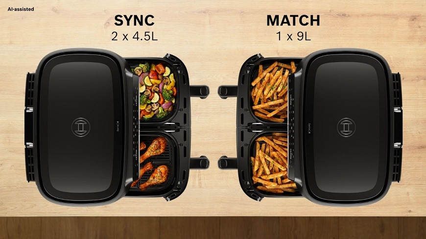 Fritéza teplovzdušná Bosch Serie 4 MAFD440B0 čierna Dva koše teplovzdušnej rúry Bosch oproti sebe a funkcie SYNC a MATCH