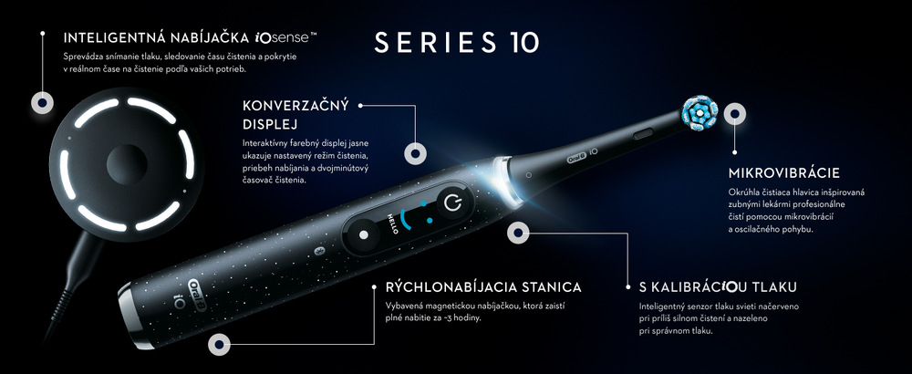 Zubná kefka Oral-B iO Series 10 GOLD zlatá BRAIO10GOLD, Detailný grafický prehľad kefky Oral-B iO Series 10 ukazuje hlavné technológie a funkcie, ako inteligentnú nabíjačku, displej a mikrovibrácie.