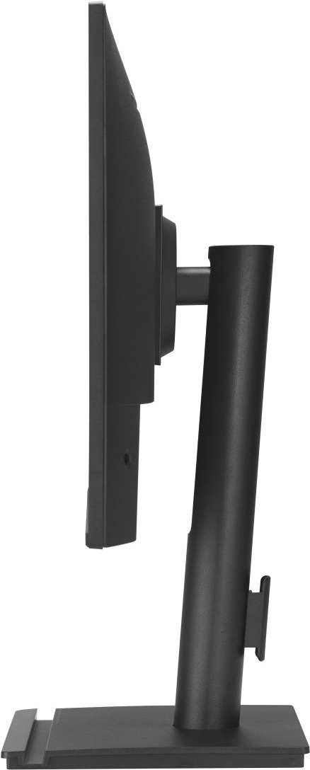Na obrázku je monitor Asus BE27AQ 27" z bočného pohľadu. Je vidieť tmavo šedé telo displeja s mierne vystúpenou zadnou časťou a jednoduchý kancelársky stojan. Stojan má valcový stĺpik, plochú hranatú základňu a zadný držiak pre vedenie káblov. Monitor je uchytený na krátkom ramene, ktoré umožňuje nastavenie polohy.