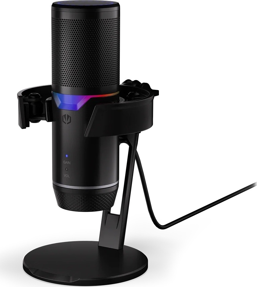 Mikrofón ENDORFY Solum 2 Pro čierny Bočný pohľad na mikrofón ENDORFY Solum 2 Pro s antivibračným držiakom, indikátormi GAIN a VOL a pripojeným káblom.