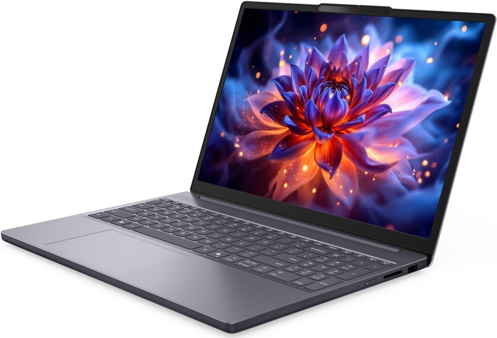 Notebook Lenovo IdeaPad Slim 3 15IPH11 sivý Otvorený notebook Lenovo s veľkým farebným displejom zobrazujúcim kvetinu v realistickom prevedení