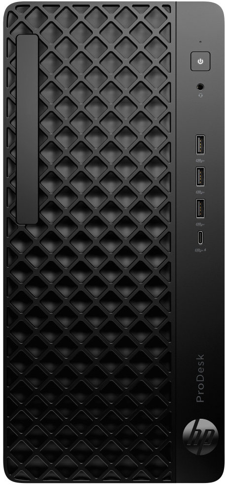 Stolný počítač HP ProDesk 4 Tower G1i AI čierny Predná strana počítača HP ProDesk 4 Tower G1i AI s konektormi a zapínacím tlačidlom