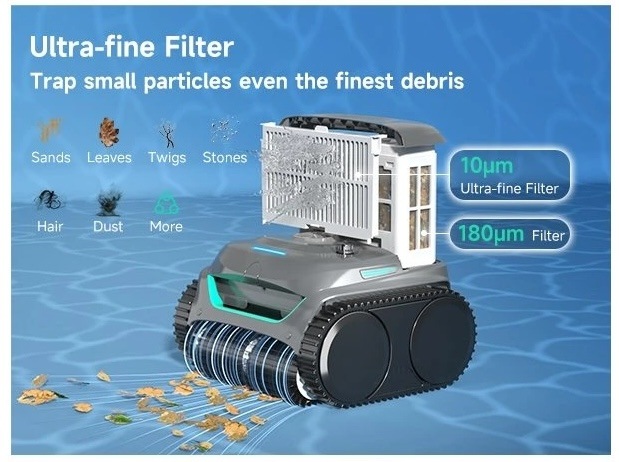 Vysávač bazénový Wybot C2 čierny Bazénový vysávač WYBOT C2 je vybavený veľkým vyberateľným filtračným košom so sieťovou filtráciou s jemnosťou 180 μm doplnenou o ultra jemný HEPA filter.