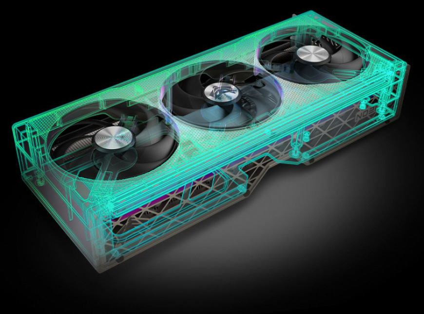Grafická karta Sapphire Nitro+ AMD Radeon RX 9060 XT GAMING 16GB Pohľad na vnútorné prúdenie vzduchu a štruktúru chladiča Sapphire Nitro+ RX 9060 XT v 3D zvýraznení