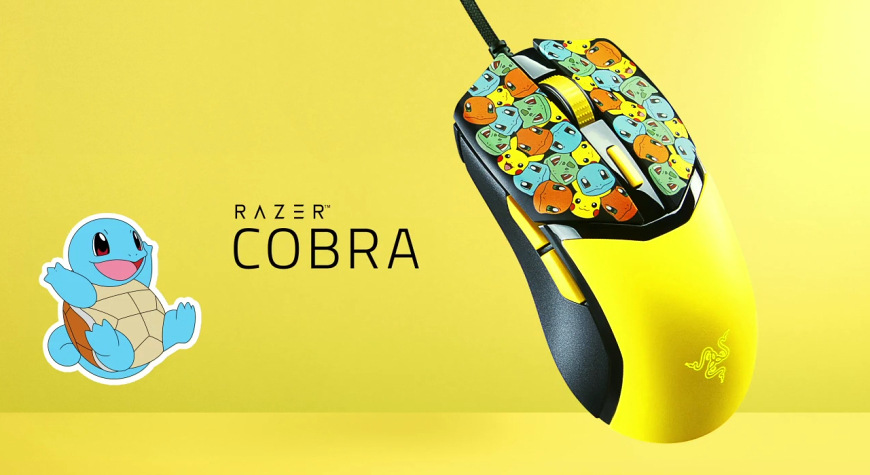 Myš Razer COBRA Pokémon Kanto Starters Ed. žltá Myš Razer Cobra Pokémon Kanto Starters Edition na žltom pozadí s motívmi Pikachu, Squirtla a ďalších Pokémonov