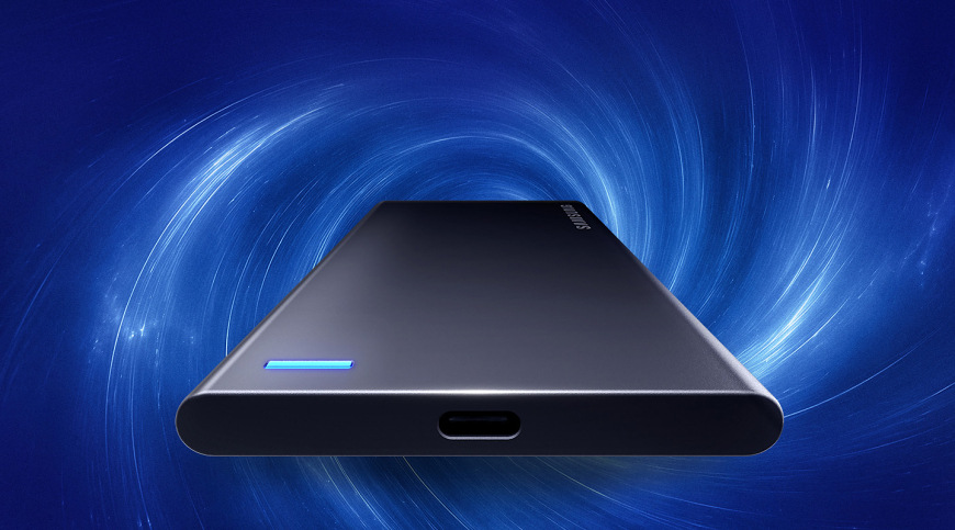 SSD externý Samsung P7 8TB čierny Samsung P7 s modrou stavovou diódou a USB-C konektorom v čiernom prevedení