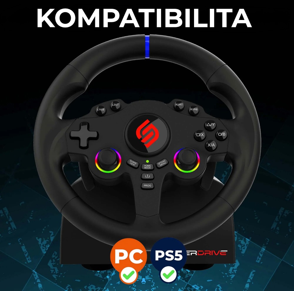 Volant SUPERDRIVE 220 RS-5 čierny Čierny herný volant s farebnými tlačidlami a logom uprostred. Text spoločne s ikonami a zaškrtávacími políčkami PC a PS5 vyjadruje kompatibilitu s týmito hernými platformami.