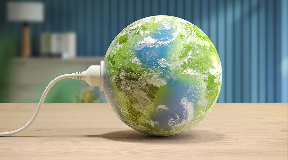 Zvlhčovač vzduchu Philips 4000 Series HU4210/04 biely Ilustrácia zemegule s elektrickou zástrčkou znázorňujúca energeticky úspornú prevádzku zvlhčovača vzduchu Philips HU4210/04 4000 Series.