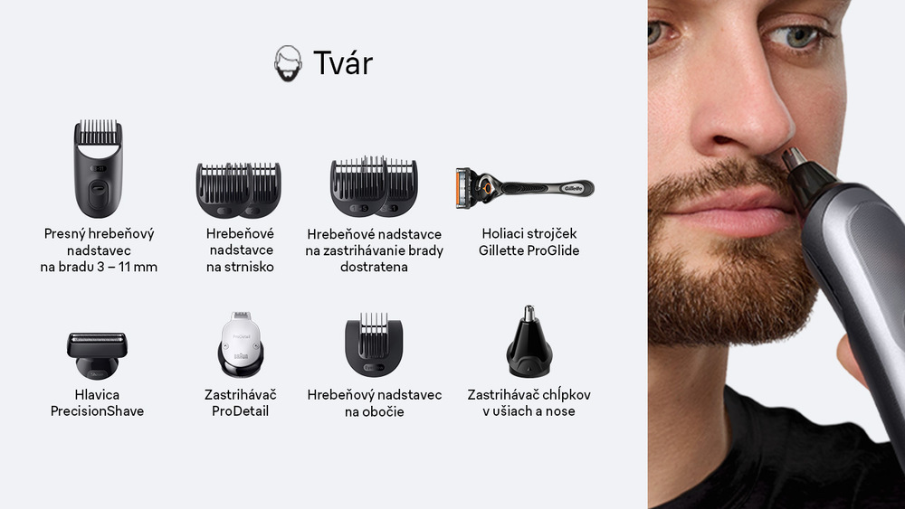 Zastrihávač multifunkčný Braun Series 9 AIO9500 sivý Na fotografii je vyobrazené príslušenstvo na úpravu tváre, napr. nadstavec na obočie, nadstavce na prestrihávanie fúzov alebo na strnisko atď.