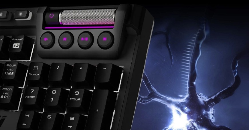 Klávesnica MSI Strike Pro Wireless Silent, CZ layout čierna Detail panelu s krúžkom a mediálnymi tlačidlami na hernej klávesnici MSI Strike Pro Wireless Silent