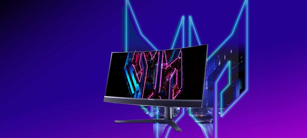Zakrivený herný monitor s futuristickým neónovým displejom s ružovými a modrými čiarami na žiarivom fialovom pozadí, ktorý navodzuje dojem hi-tech technológie.