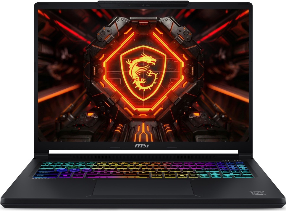 Notebook MSI Crosshair 16 Max HX E2WGXK-056CZ čierny Čelný pohľad na otvorený MSI Crosshair 16 Max HX E2W. Na displeji je výrazná červeno-oranžová grafika so znakom MSI, pod ním sa nachádza viacfarebná podsvietená klávesnica s numerickou časťou a veľký touchpad