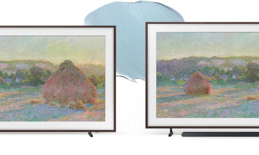 televízia Samsung the frame, porovnanie výšok nožičiek, na druhom obrázku je vidieť, že pod tv možno umiestniť soundbar
