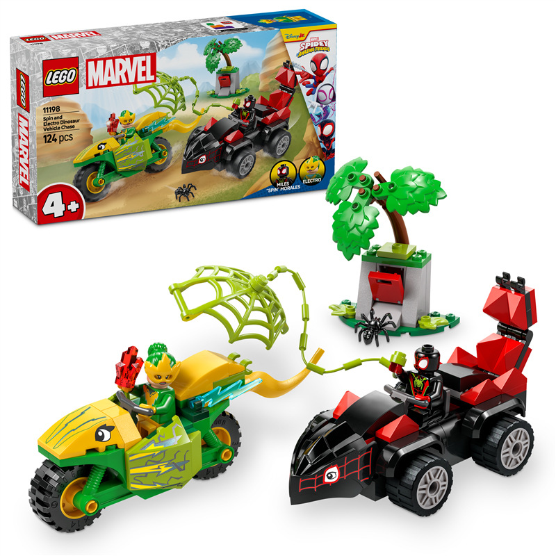 Stavebnica LEGO® Marvel Spidey a jeho úžasní priatelia 11198 Spin, Electro a naháňačka s dinosaurím vozidlom