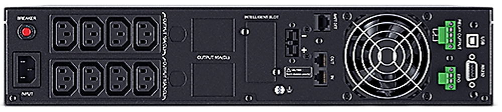 Na obrázku je zadný panel UPS CyberPower s 8 zásuvkami IEC C13 pre napájanie pripojených zariadení. Vľavo je istič a vstupný napájací konektor, uprostred priestor pre rozširujúcu kartu a komunikačné porty a vpravo veľký chladiaci ventilátor, USB, RS232 a zelené svorky pre ďalšie pripojenie. Panel pôsobí technicky a je určený na profesionálne použitie.