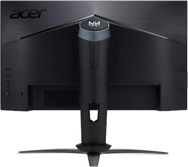 Herný monitor Acer Predator XB273UX2bmiiprx čierny Zadná strana čierneho monitora Acer so stredovým stojanom. V hornej časti zadného krytu je logo Acer, uprostred stojana znak Predator a vľavo sa nachádza zvislý rad ovládacích prvkov a konektorov