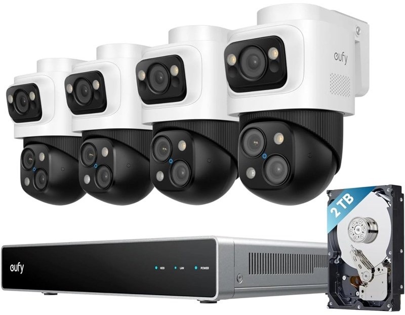 Bezpečnostný kamerový systém eufy S4 Max PoE so štyrmi bielymi kamerami a NVR jednotkou s 2TB diskom