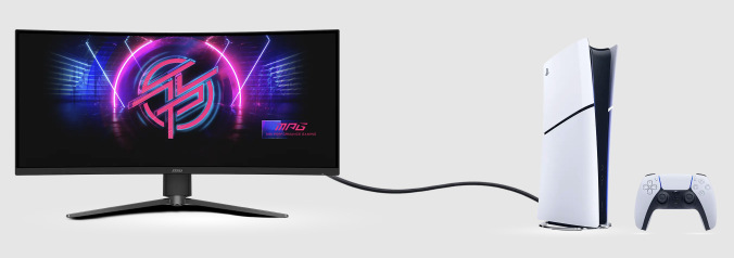 Herný monitor MSI MPG 346CQRF X24 pripojený k hernej konzole PlayStation 5″ width=