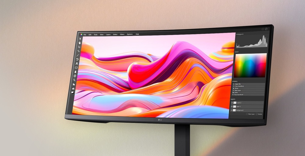 Širokouhlý monitor zobrazujúci žiarivú digitálnu grafiku s plynulými, viacfarebnými vlnami. Editačný softvér a nástroje na prácu s farbami sú viditeľné na elegantnej obrazovke.
