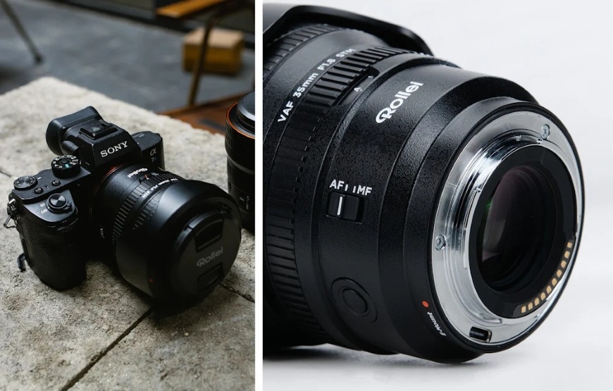 Fotoaparát s objektívom Rollei 35 mm AF f/1.8 a detail kovovej upevňovacej časti objektívu