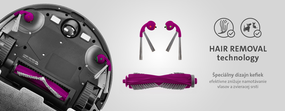 Robotický vysávač ETA Aron 2 3588 90000 čierny Spodná strana robotického vysávača ETA Aron 2. Detailný pohľad na systém kief Hair Removal Technology, hlavná rotačná kefa, dva bočné primetače a nasadený mopovací nástavec s textíliou