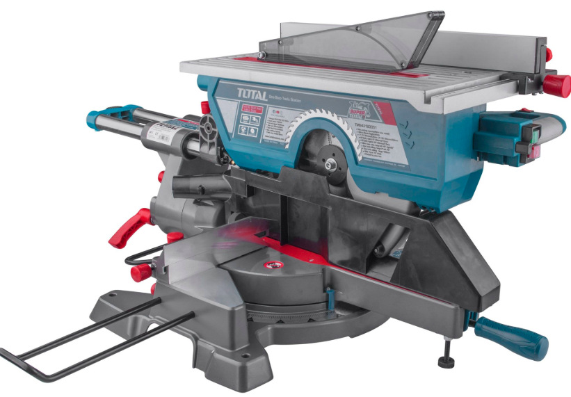 Píla úkosová Total tools TMS43183051 Detail stolného režimu kombinovanej píly Total Tools TMS43183051 s pracovnou doskou a krytom kotúča