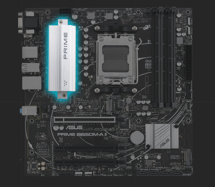Základná doska Asus PRIME B650M-A II-CSM Asus PRIME B650M-A II-CSM sa opiera o robustné chladenie