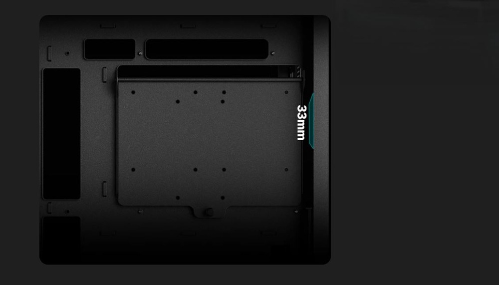 Case DeepCool CG580 čierna Vnútorný pohľad na skriňu počítača s priestranným usporiadaním. Označený priestor označuje 33 mm voľného miesta na vedenie káblov. Čistý, minimalistický design.