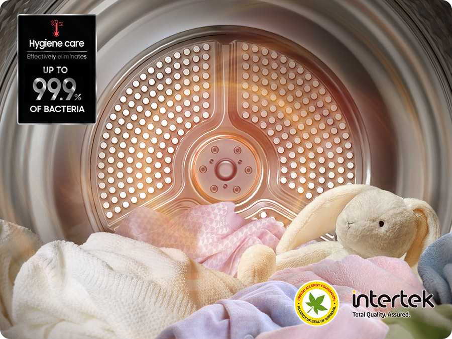 Sušička bielizne Samsung DV90DB7845GEU4 biela Sušička prádla Samsung DV90DB7845GEU4 - program Hygiene Care - plyšák a oblečenie v bubne sušičky