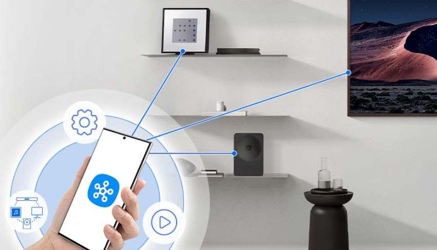 Reproduktor Samsung Music Studio 7 LS70H (1 ks) čierny Ovládanie reproduktora Samsung HW-LS70H Studio 7 cez mobilnú aplikáciu SmartThings. Sú vidieť šípky, ako signal mieri z inteligentného zariadenia k reproduktoru, prípadne k ramecku alebo k televízii.