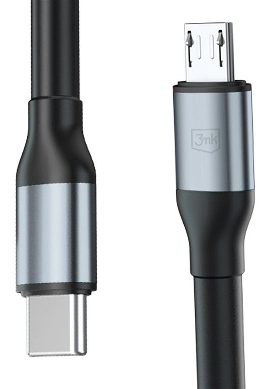 Nabíjací kábel 3mk s konektormi USB-C a micro USB, čierna farba