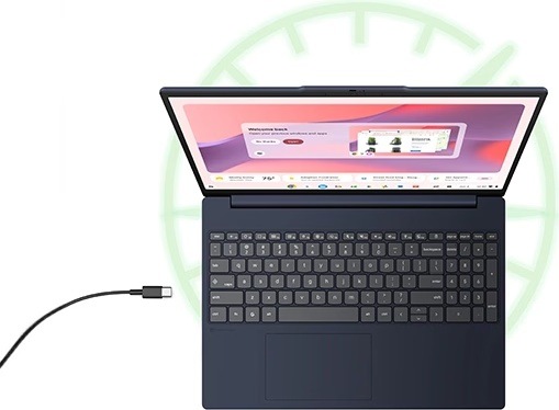 Notebook Lenovo Chromebook zobrazený zhora s otvoreným displejom, klávesnicou a nabíjacím káblom