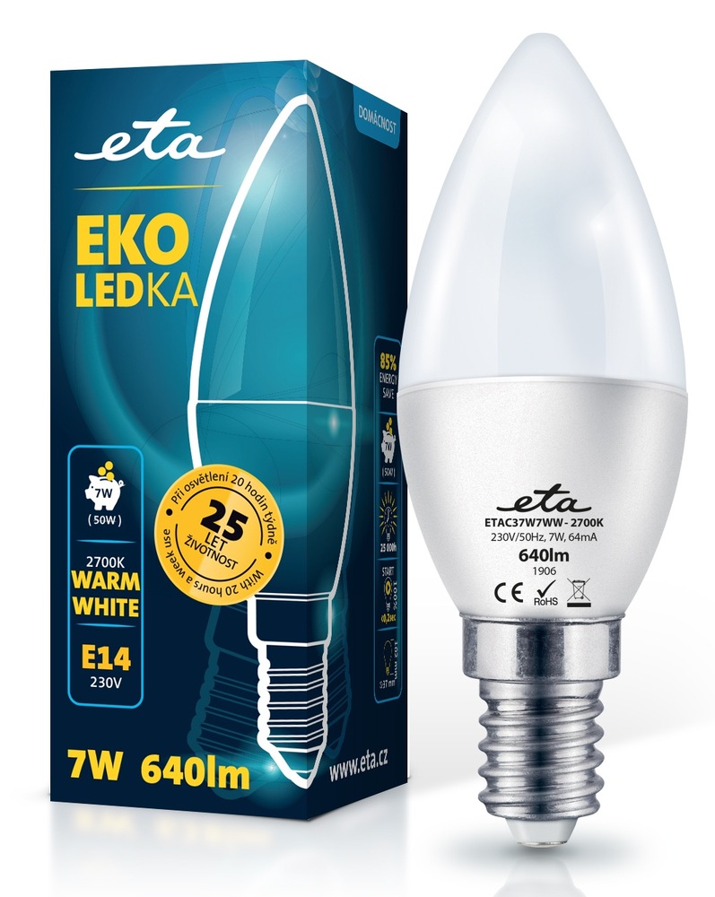 LED žiarovka ETA EKO LEDka, 7W (náhrada za 40W), 640 lm, teplá biela 2700K, pätica E14, vrátane maloobchodného balenia na svetlomodrom pozadí.