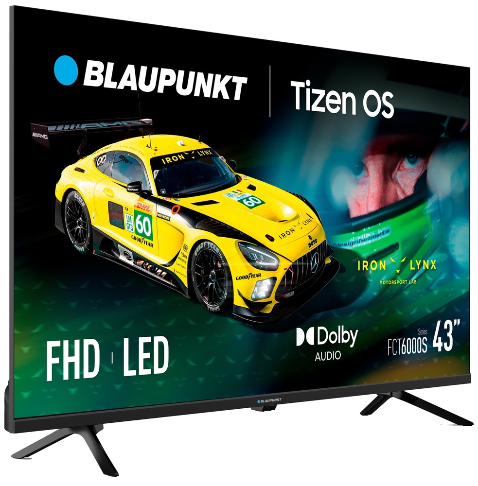 Televízor Blaupunkt 43FCT6000S Televízia Blaupunkt 43FCT6000S natočená mierne doprava, na obrazovke televízie je závodné auto, logo Blaupunkt a logo Tizen OS