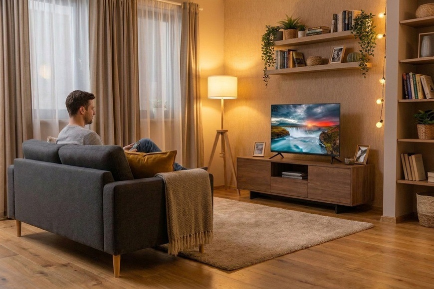 Televízor Sencor SLE 2475 HD Televízia Sencor SLE 2475 HD v útulnej obývacej izbe pri večernom sledovaní obľúbeného obsahu.