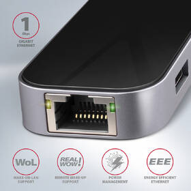 USB Hub Axagon USB 3.2 Gen 1 húb, 3x USB-A, HDMI 4k/60Hz, RJ-45 GLAN, PD 100W, kábel USB-C 20cm sivý

 obrázok produktu 2 z 7