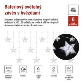 LED reťaz EMOS vánoční závěs – hvězdy, 170x85 cm, 3x AA, venkovní i vnitřní, studená bílá, časovač priehľadný

 obrázok produktu 1 z 3