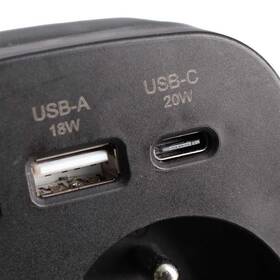 Rozbočovacia zásuvka Solight 2x16A, USB A+C rychlonabíječka 20W, vypínač čierna

 obrázok produktu 4 z 5