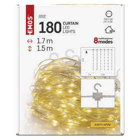 Vianočné osvetlenie EMOS 180 LED drop řetěz – záclona, 1,7x1,5 m, venkovní i vnitřní, teplá bílá, programy 

 obrázok produktu 12 z 15