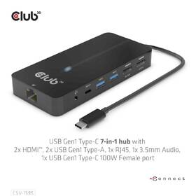 USB Hub Club3D USB-C/2x HDMI, 2x USB-A, 1x RJ45, 1x 3.5mm audio, 1x USB-C,100 W 

 obrázok produktu 5 z 7