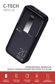 Powerbank C-Tech 20000 mAh, Li-Pol, 22,5W, USB-C/USB-A/micro USB čierny

 obrázok produktu 4 z 5