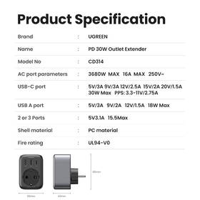 Nabíjačka do siete UGREEN 1x AC, 2x USB, 1x USB-C, 30W sivá

 obrázok produktu 9 z 9