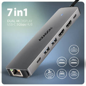Dokovacia stanica Axagon HMC-7HX2, USB 5Gbps, 2x USB-A, USB-C, 2x HDMI 4k/60Hz, RJ-45 GLAN, PD 100W, kabel USB-C 15cm sivá

 obrázok produktu 1 z 6