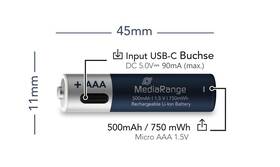 Batéria nabíjacia MediaRange MRBAT160, USB-C Li-Ion baterie Micro AAA, 1,5V, 500 mAh (4 ks) strieborná/modrá

 obrázok produktu 2 z 4
